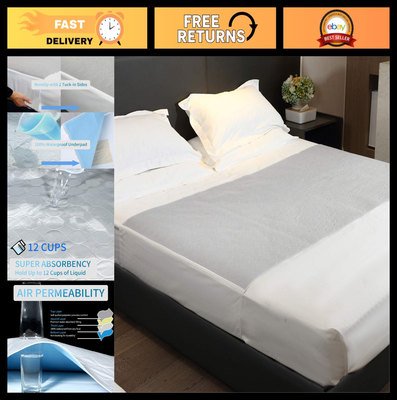 XXL Waterproof Washable Bed Pad 36×76 Inch – Nonslip Incontinence Underpads for