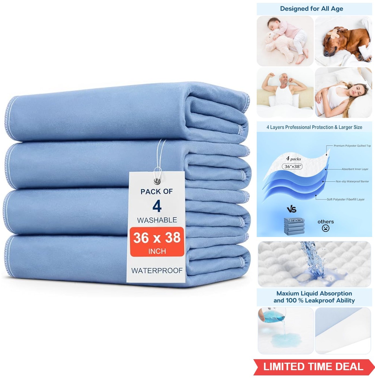 Incontinence Bed Pads 36×38 Washable Reusable 4 Pack for Adults Kids Pets Leak