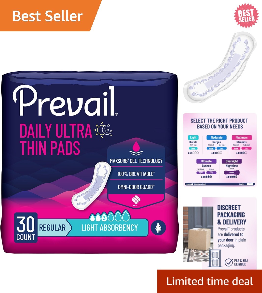 Discreet & Comfortable Bladder Control Pads – 30 Count, Women’s Essentials