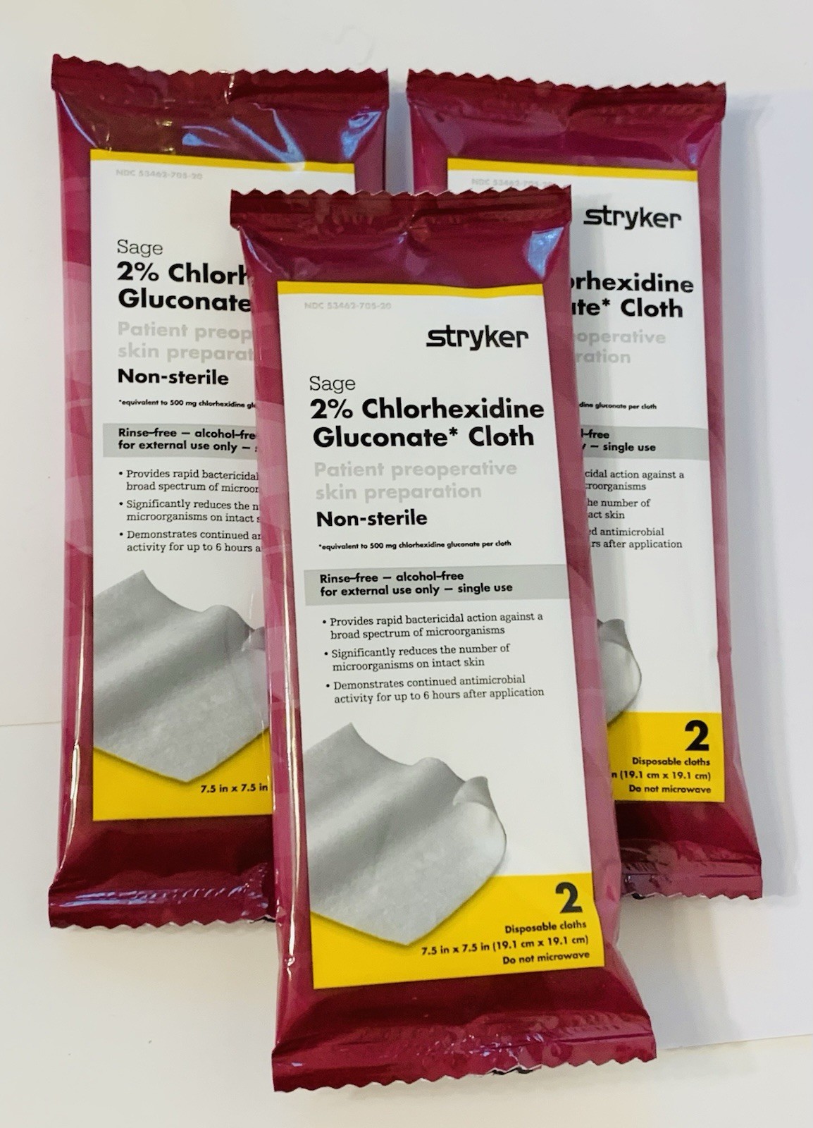 Stryker Sage 3 Packs X 2 Cloths 2% Chlorhexidine Gluconate Pre-op Prep Wipes NEW