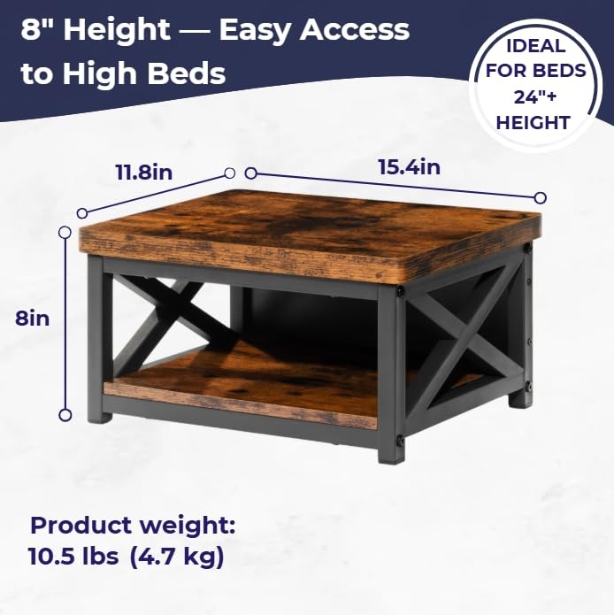 Rustic Brown Wooden 8 Inch Bedside Step Stool Shelf AntiSlip Feet 500 LBS