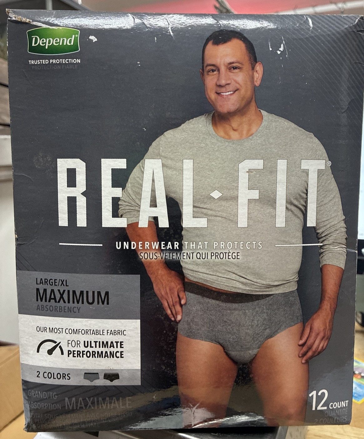 Depend Real Fit Men Maximum Absorbency Underwear Size L/XL Black & Grey 12Ct