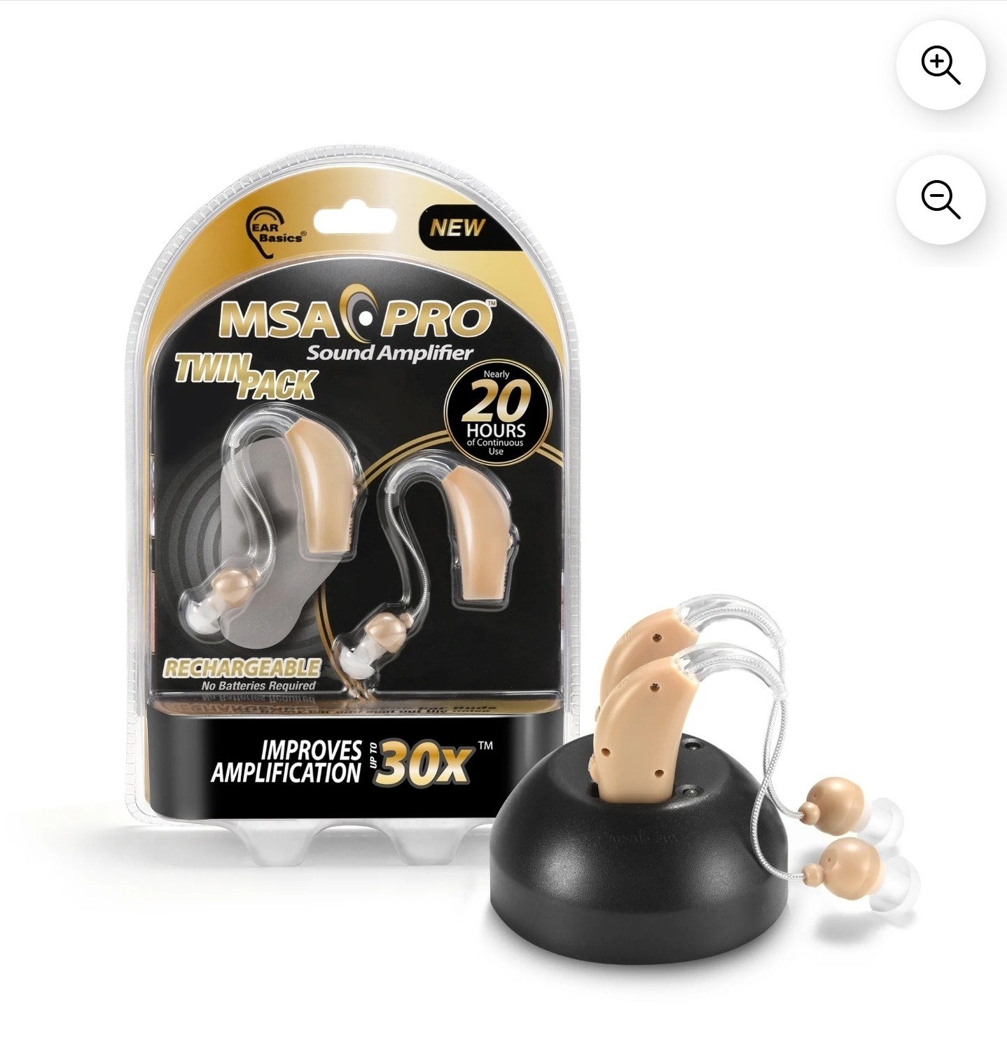 MSA PRO Twin Pack Rechargeable Hearing Amplifier BTE Beige w/ Case & Accessories