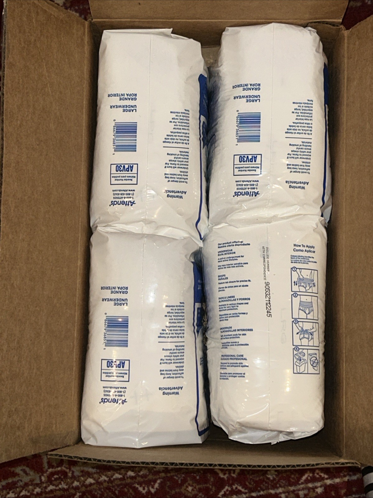 Attends Care Adult Underwear Diapers Large 44”-58” 4×18 Total 72 Free Shipping