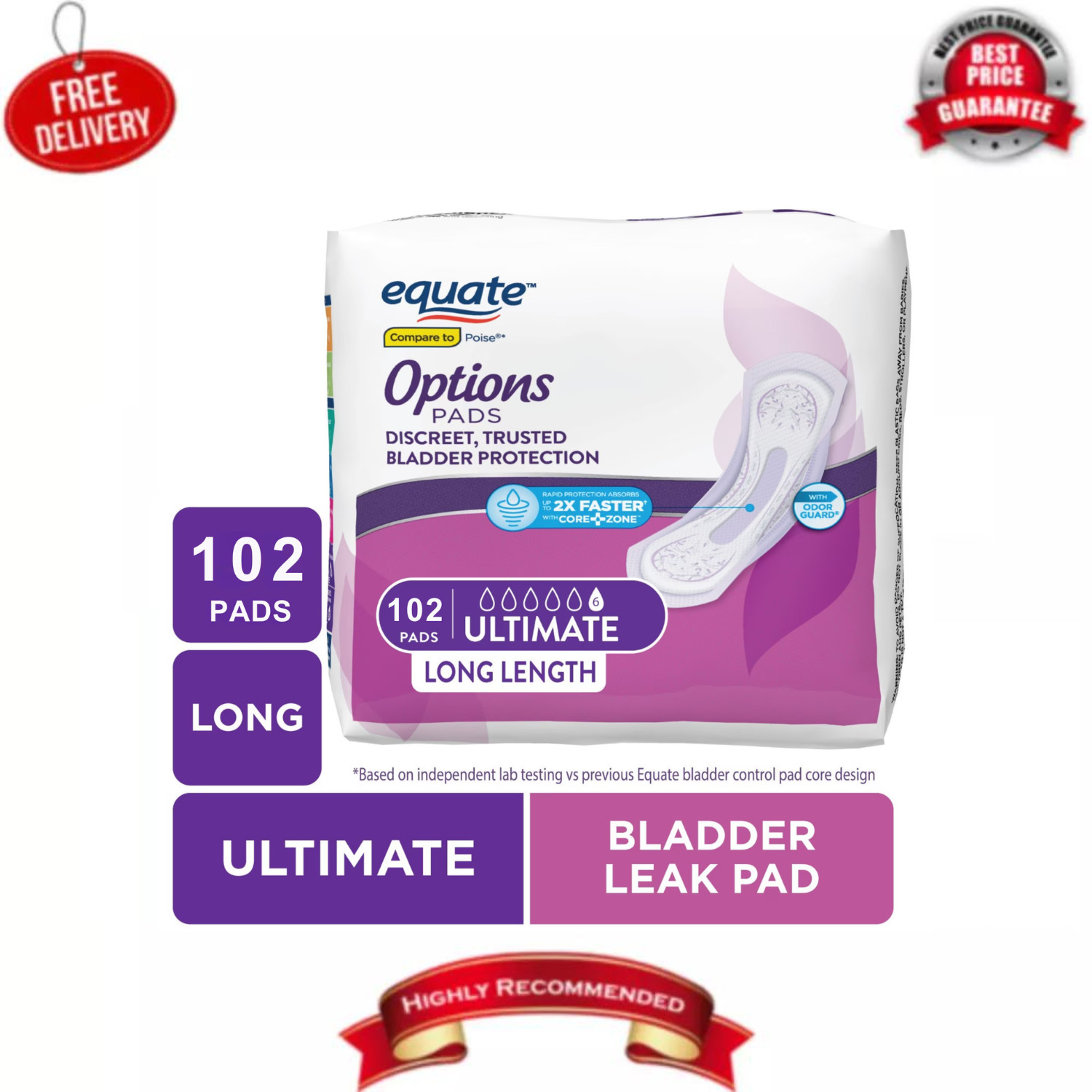 Equate Options Incontinence Pads Women Ultimate Absorbency 102 Count