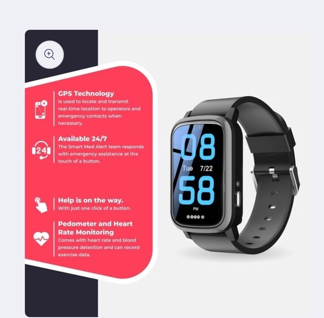 Smart Med Medical Alert Rectangular Smart Watch For Seniors | Fall Detection