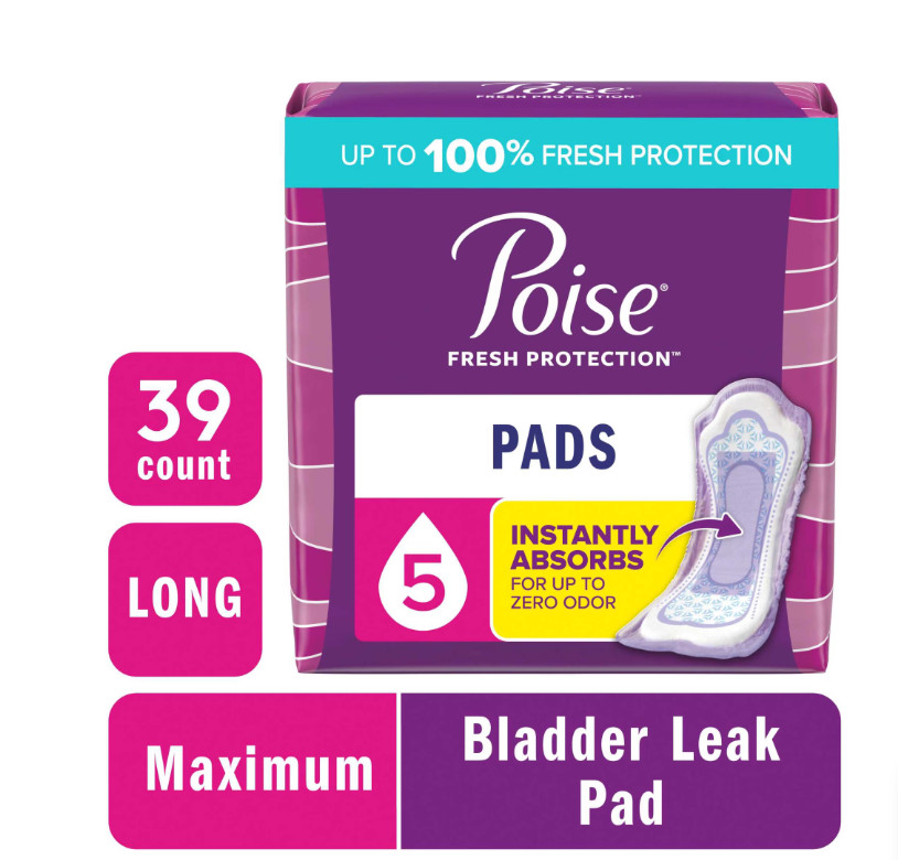 Poise Women’s Incontinence Pads, 5 Drop Maximum Absorbency, Long Length, 39 Coun