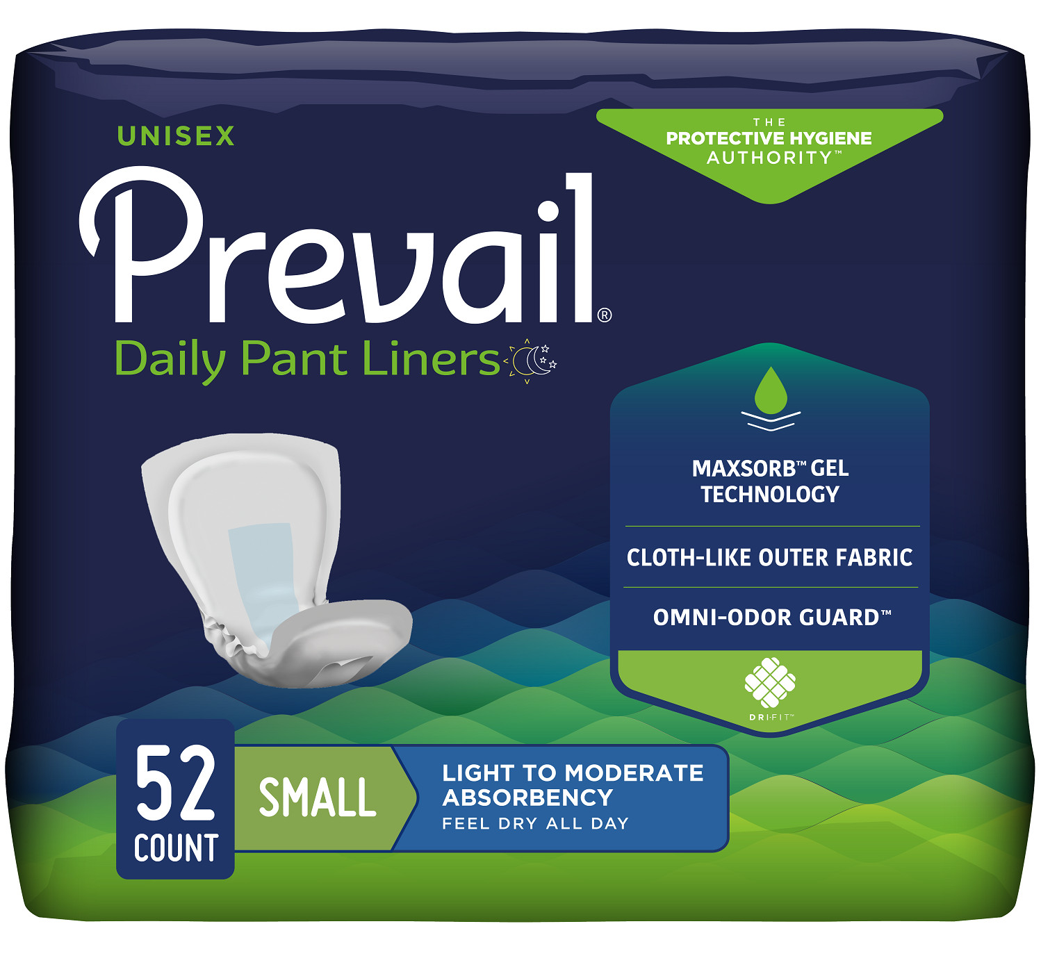 Prevail Pant Liners Small 13.5”L Moderate Absorbency Unisex 52/Bag 2 Pack