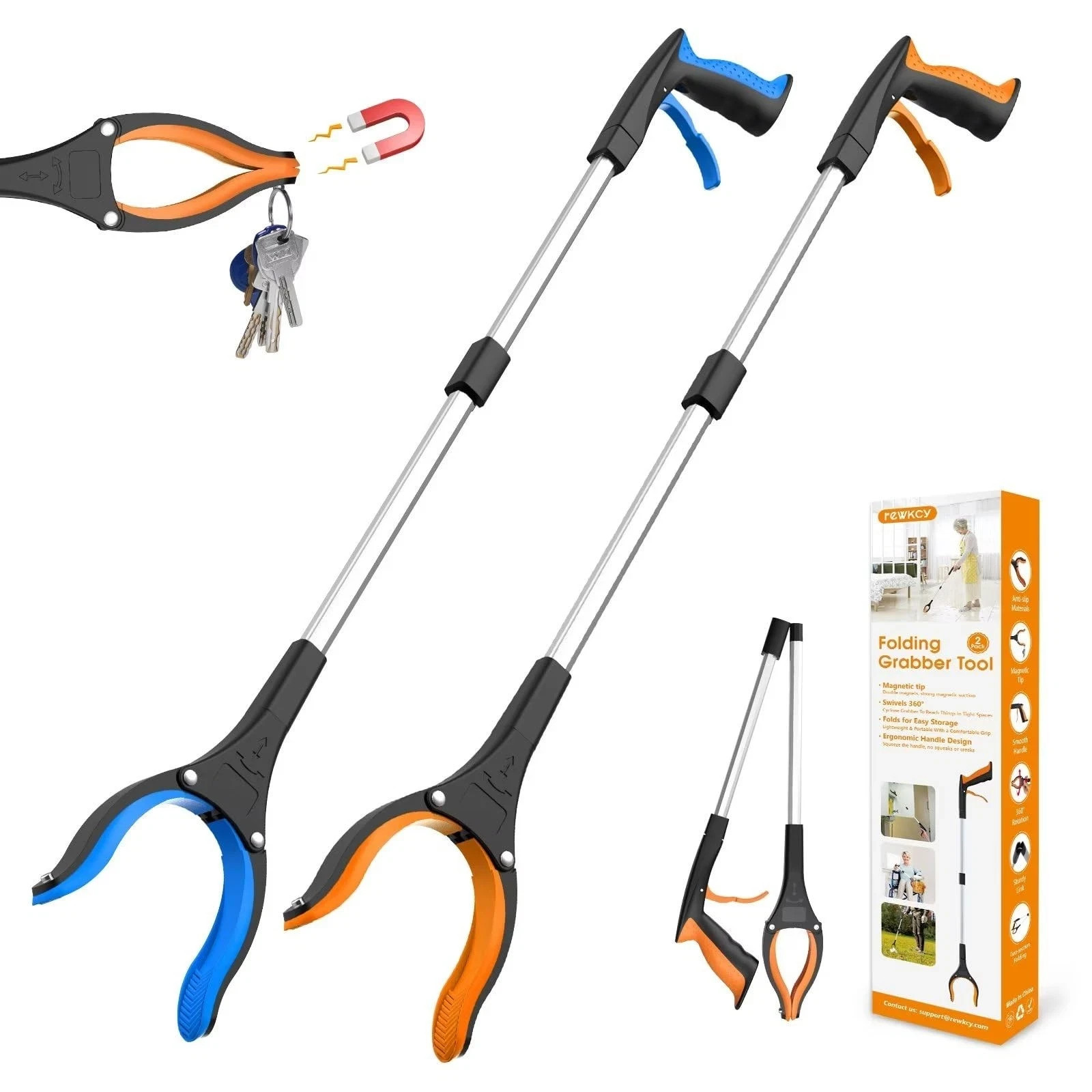32 Foldable Grabber Tool 2-Pack with 360° Rotating Jaw Magnet, Lightweight