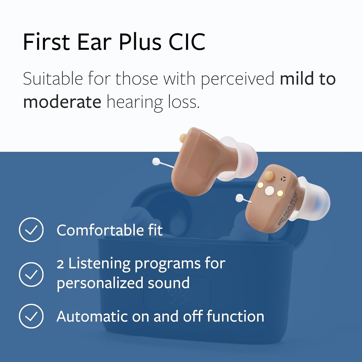 Nano CIC hearing aids for adults/seniors; rechargeable, portable case and cable.
