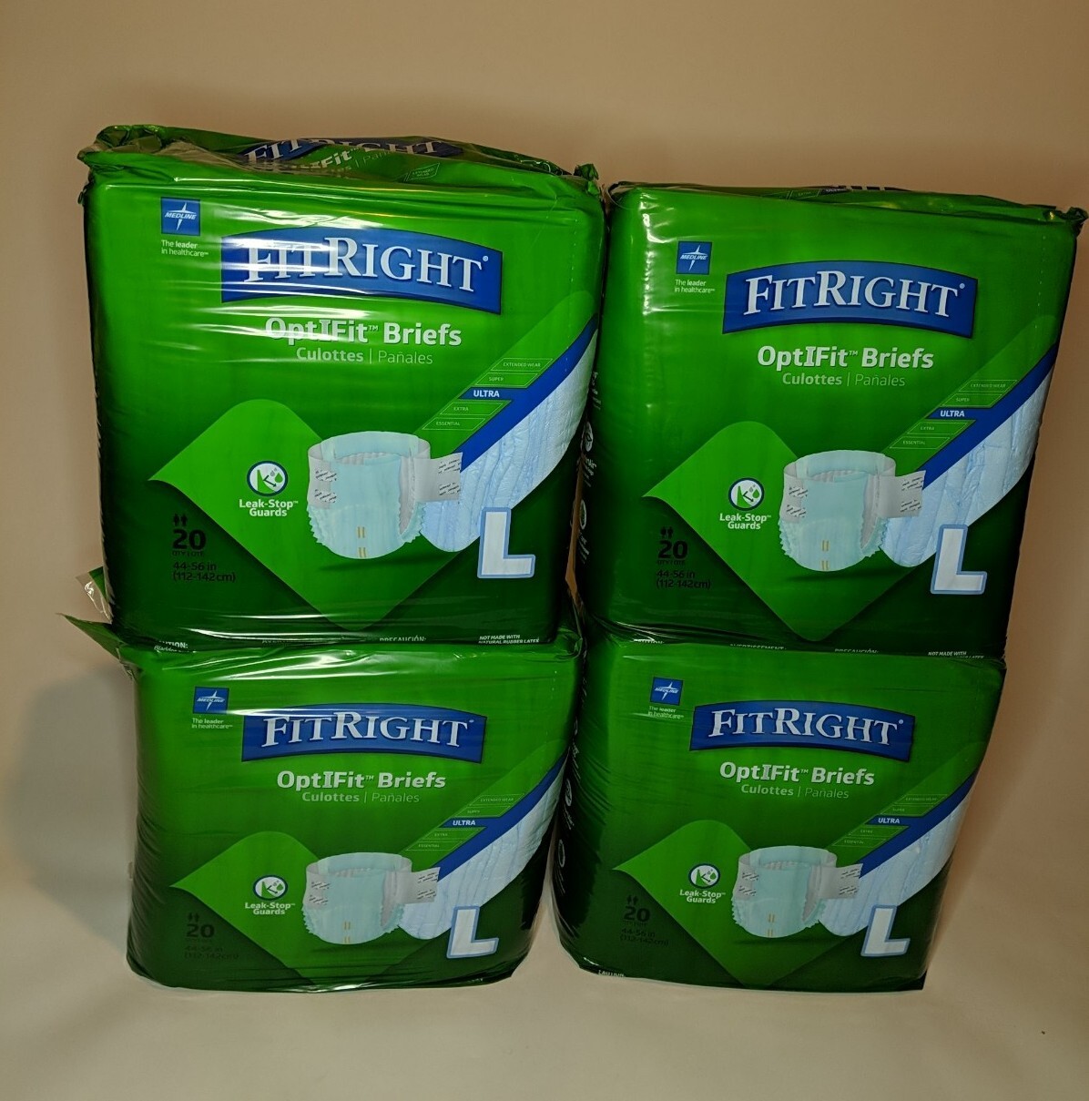 4 Packs Medline FitRight Optifit 44-56 Inches Large Disposable Briefs 20 Count