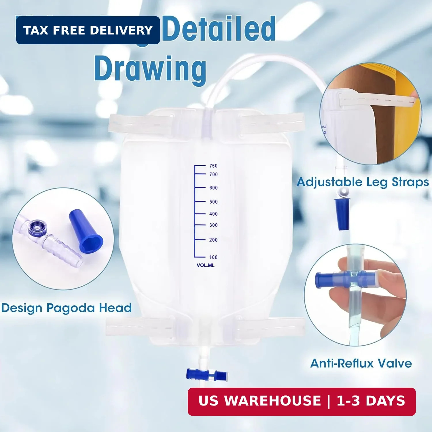 750 mL Catheter Leg Bag for Men and Women 3 Pack Urinary Drainage Bag with Anti-