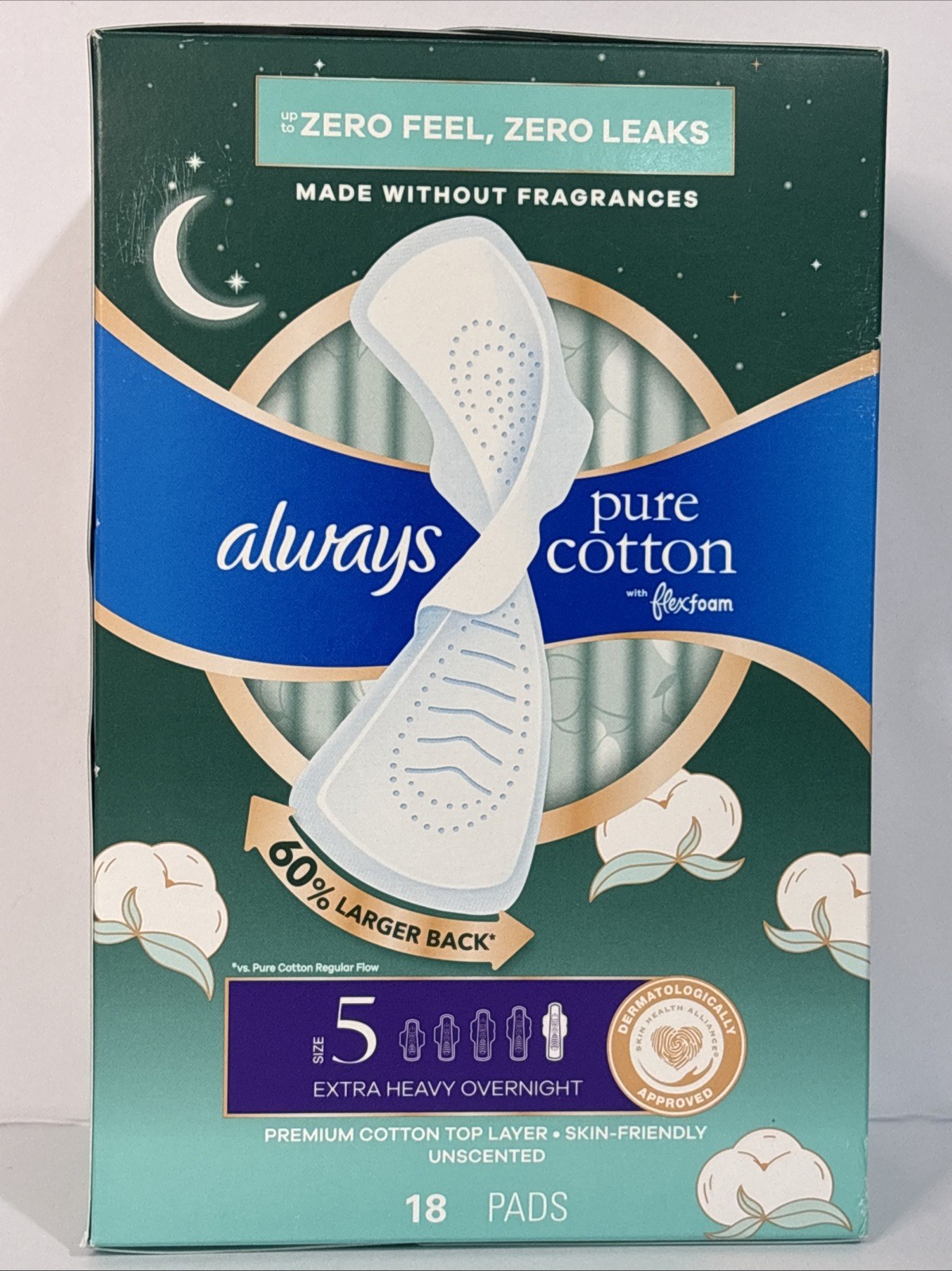 Always Pure Cotton Unscented 100% Cotton Heavy Flow Flexi-Wings Pad 18ct Size 5