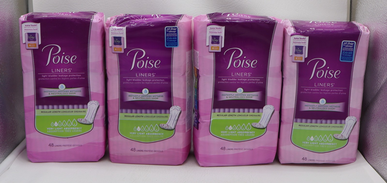Lot of 4 Poise Female Incontinent Pads Regular Length #2 Very Light 48 ct each