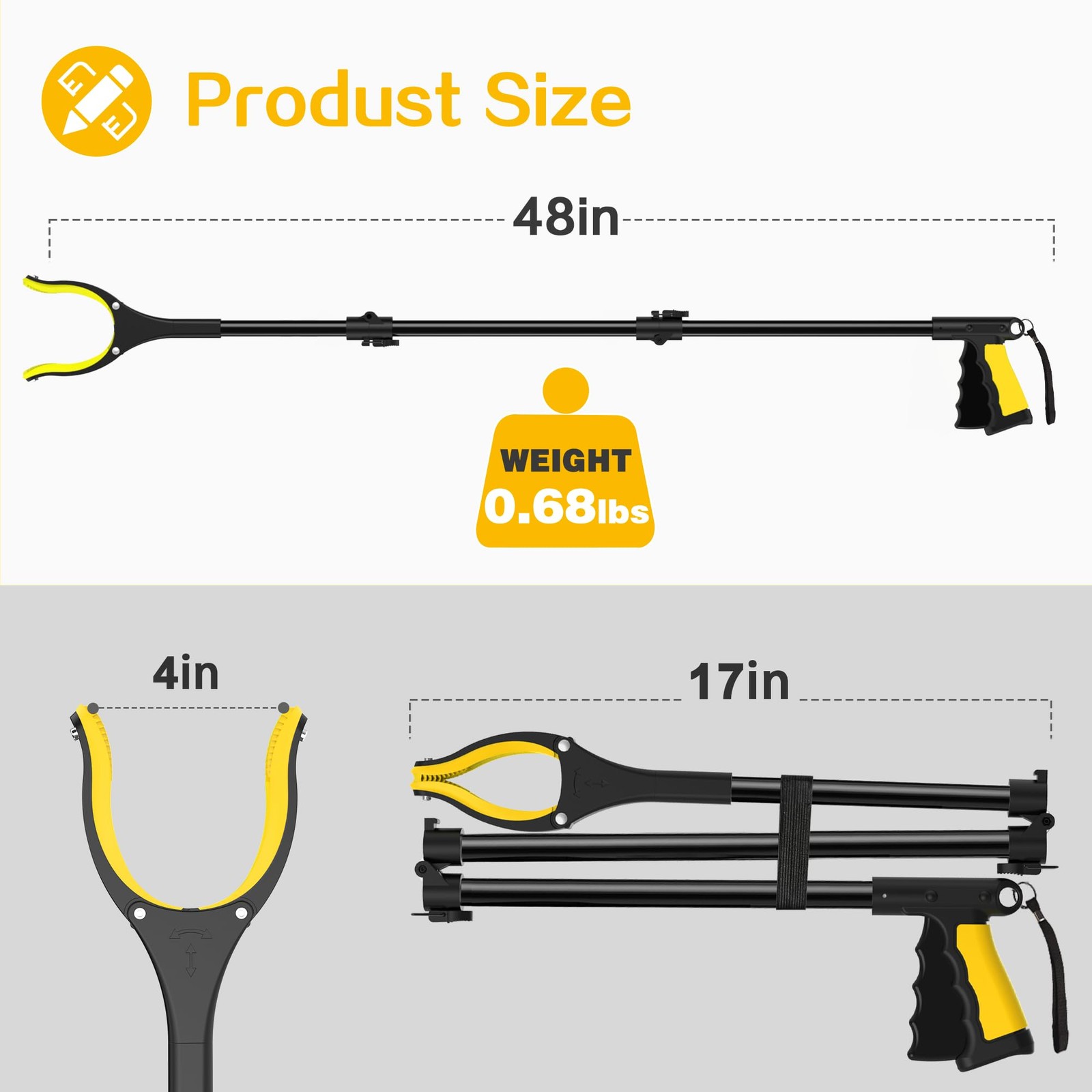 48 Inch Extra Long Grabber Reacher Tool，Foldable Pick Up 48 Inch, Yellowblack