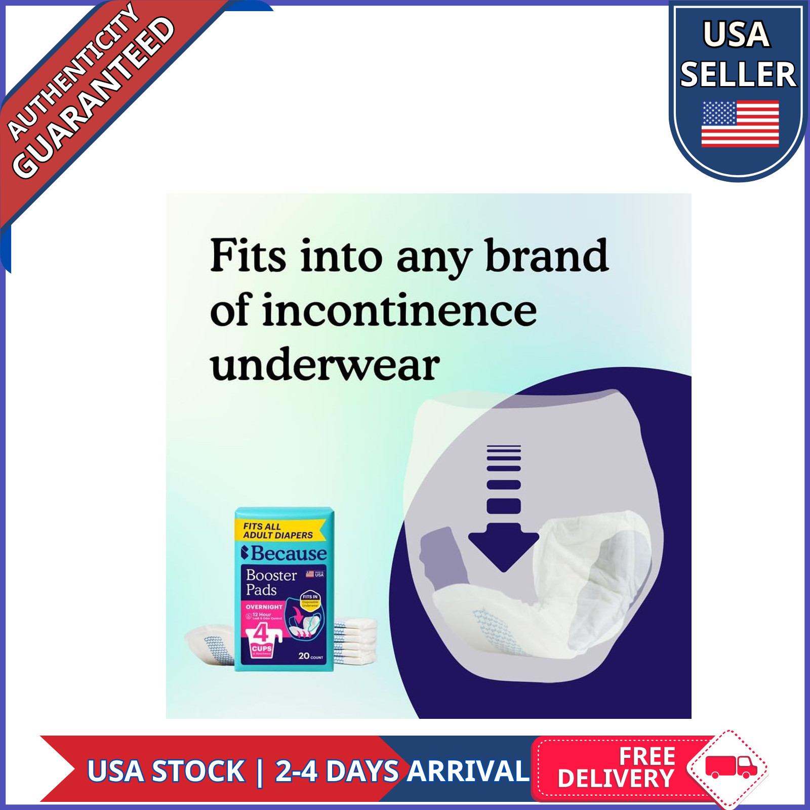 Because Overnight Booster Pads Adult Diaper Inserts 22 Count Extra Absorbency Up