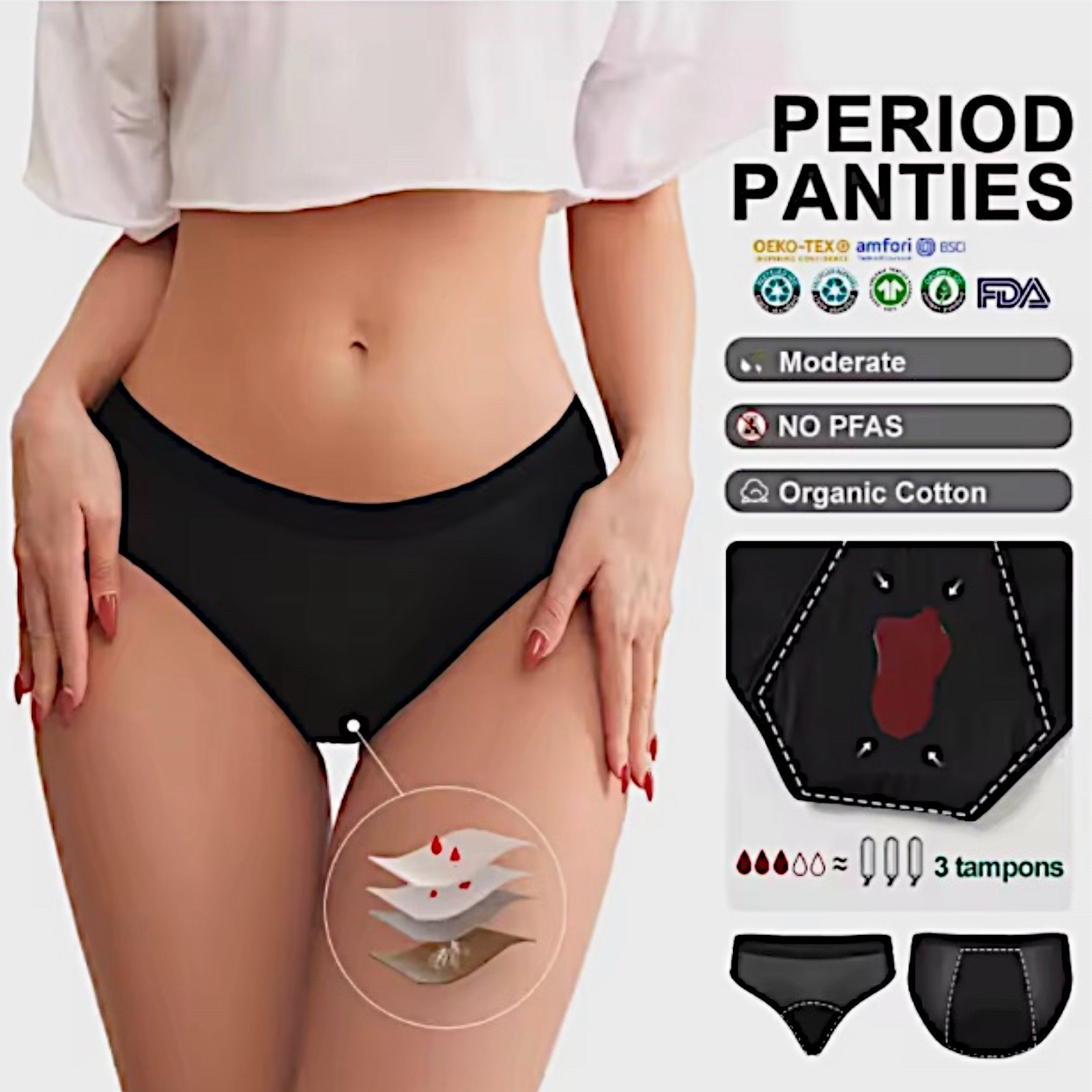3 Pack Leak Proof Period Underwear Women Low Rise Breathable Menstrual Panties