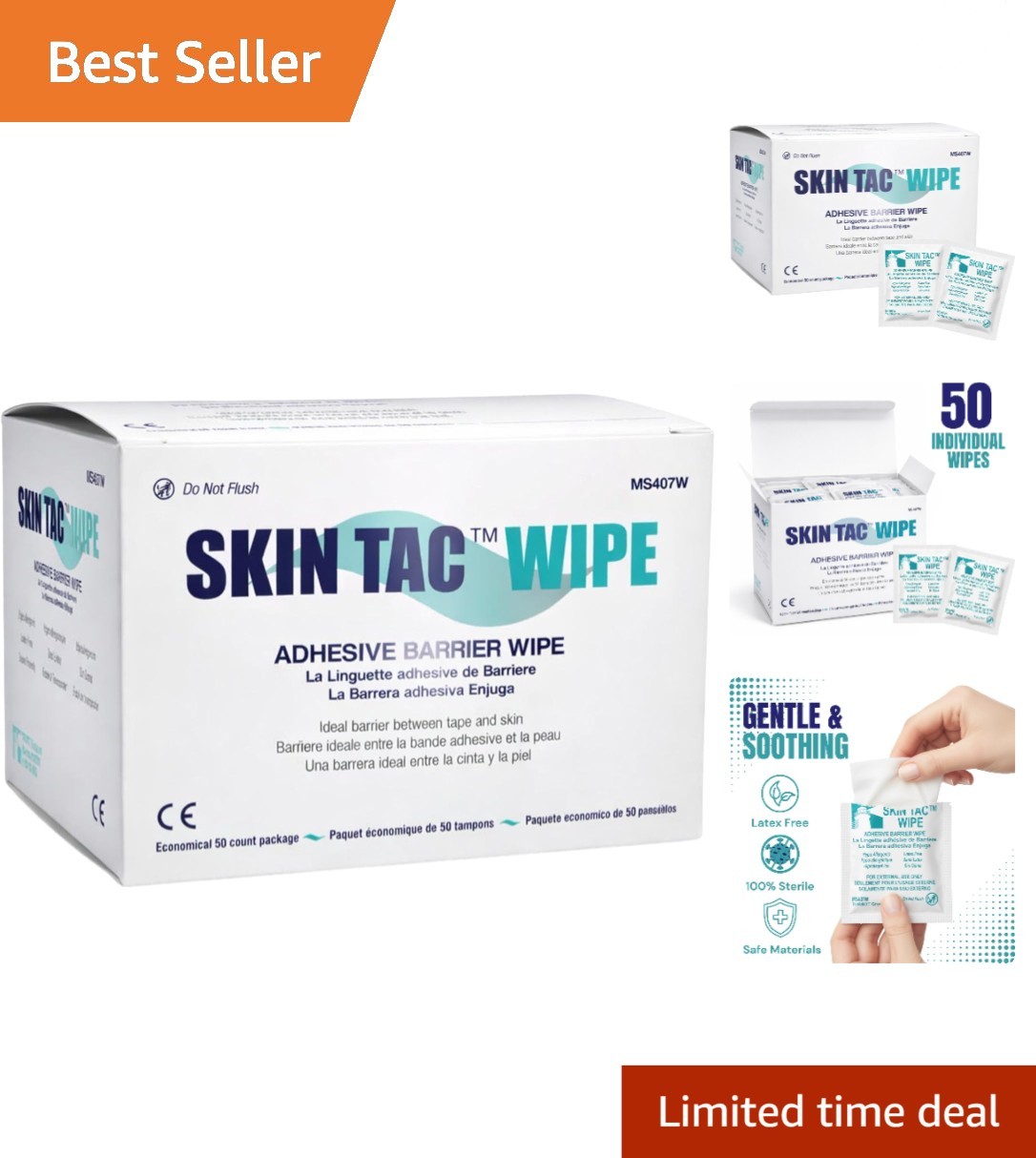 Skin-Tac 50 Count Clear Adhesive Wipes, Hypoallergenic & Safe for Sensitive Skin