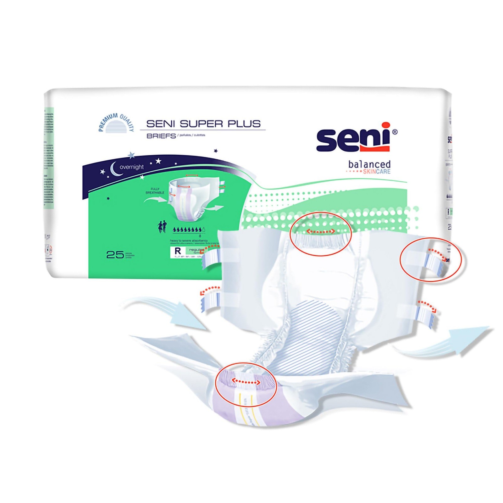Seni Super Plus Unisex Adult Incontinence Briefs with tabs, Medium, White