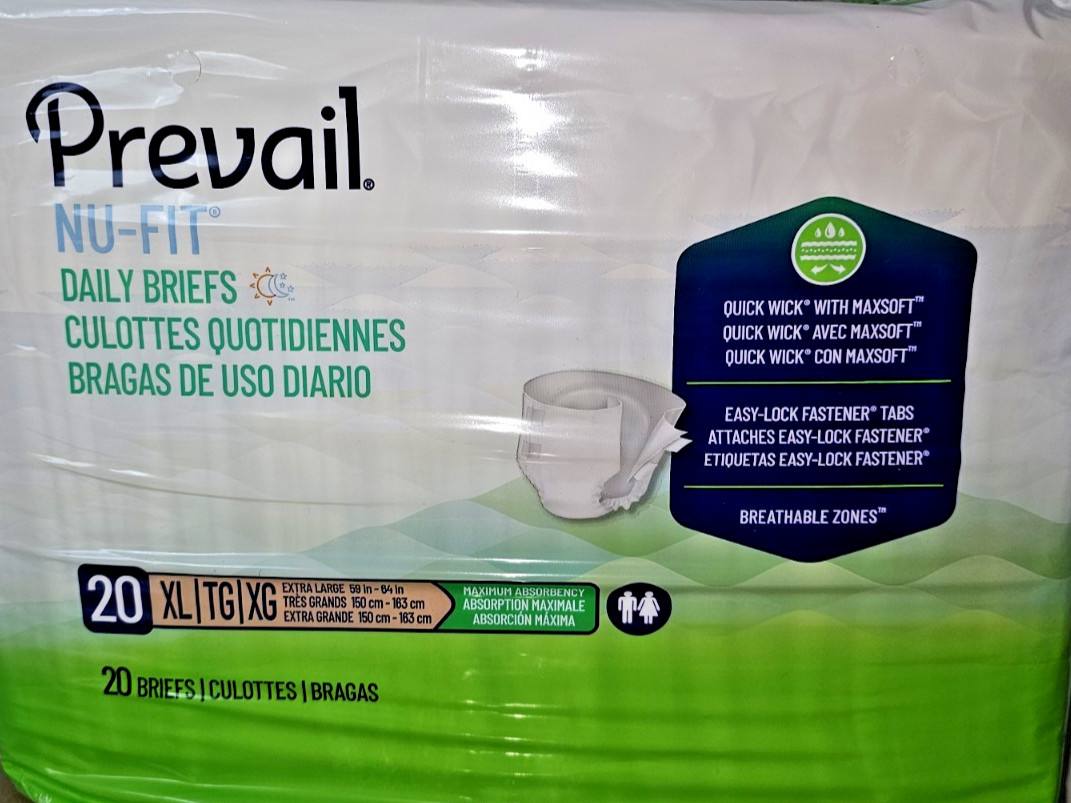 OPEN BOX of Four Prevail Nu-Fit Daily Briefs Size XL Packages 20 Each Package