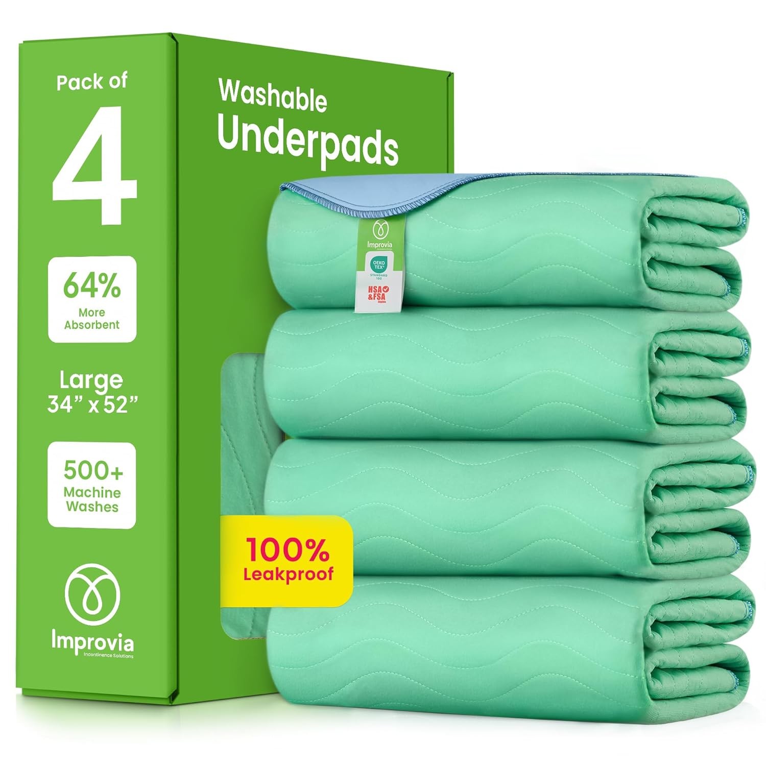 IMPROVIA® Washable Underpads, 34″ x 52″ (Pack of 4) – Heavy Absorbency Reusable