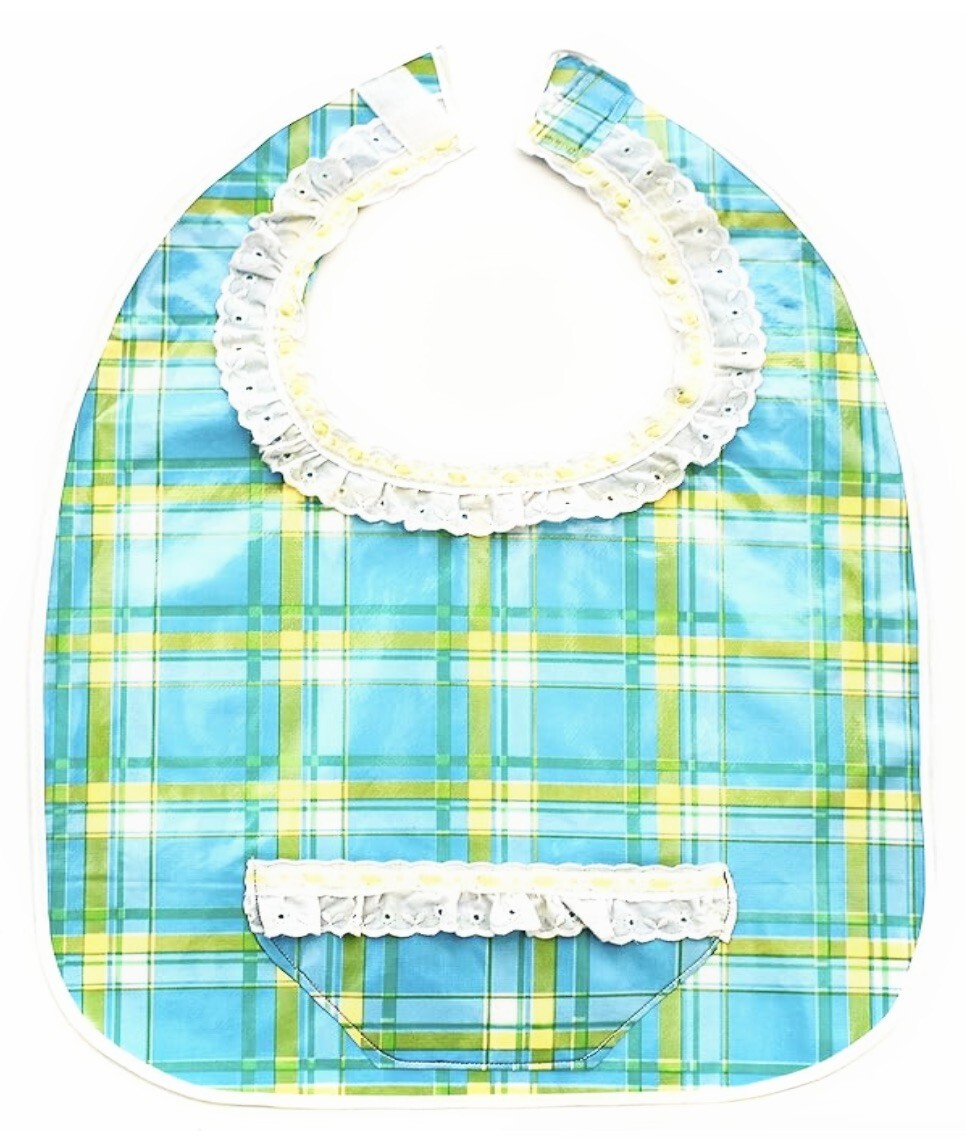 Adult Dining Oilcloth Bib,Blue Plaid,White RuffleCollar,Loop&Hook Closure,Pocket