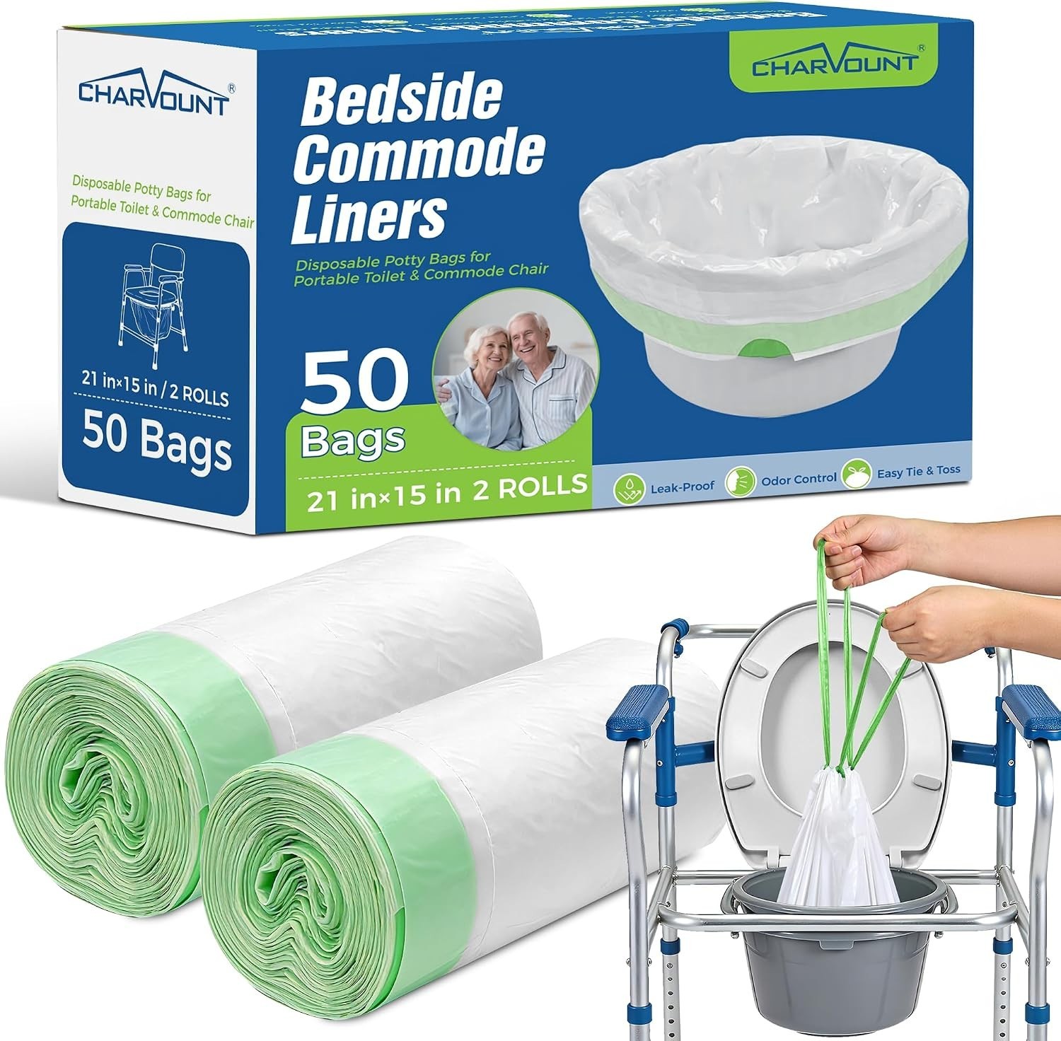 New Disposable Bedside Commode Liner Bags [Pack of 50]- Odor-Control Leak