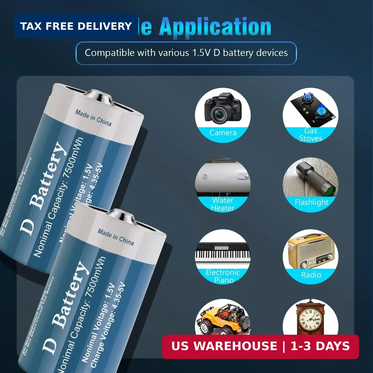 Rechargeable D Batteries 4 Pack, Long-Lasting 1.5V 7500mWh Lithium D Size Batter