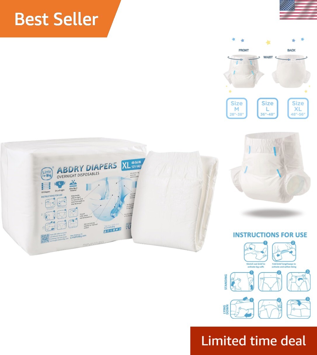 X-Large ABDry Adult Diapers – 10 Pack for Ultimate Incontinence Protection