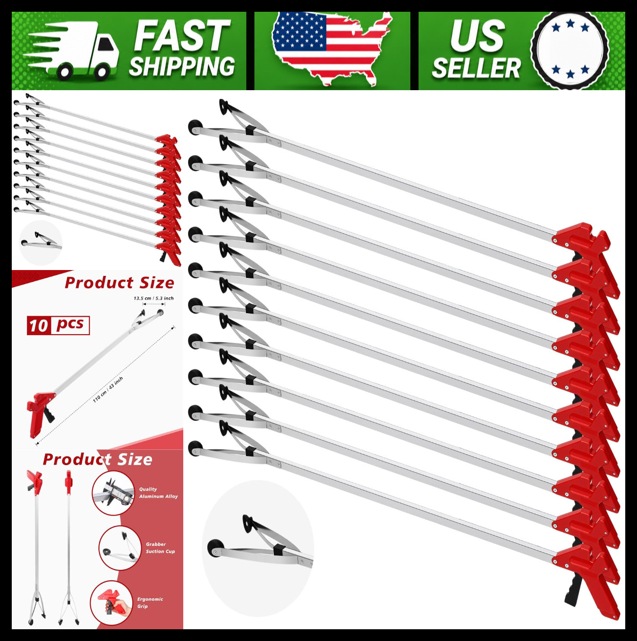 10 Pack Suction Cup Grabber Tool, 43 in Long Litter Picker, Red