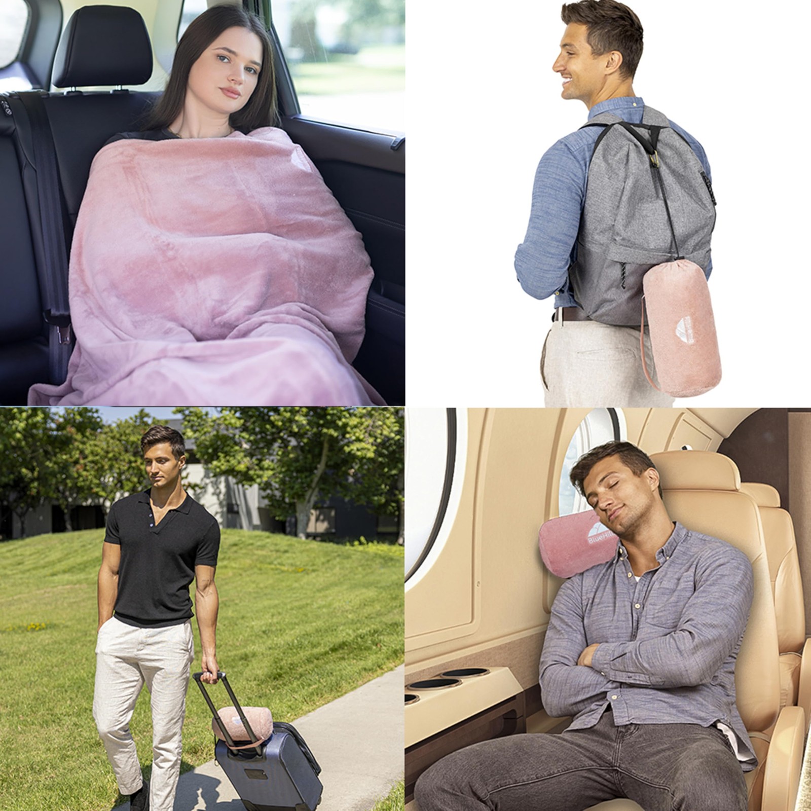 BlueHills Travel Blanket Pillow Rolled Premium Soft Plush Travel, R02-pink