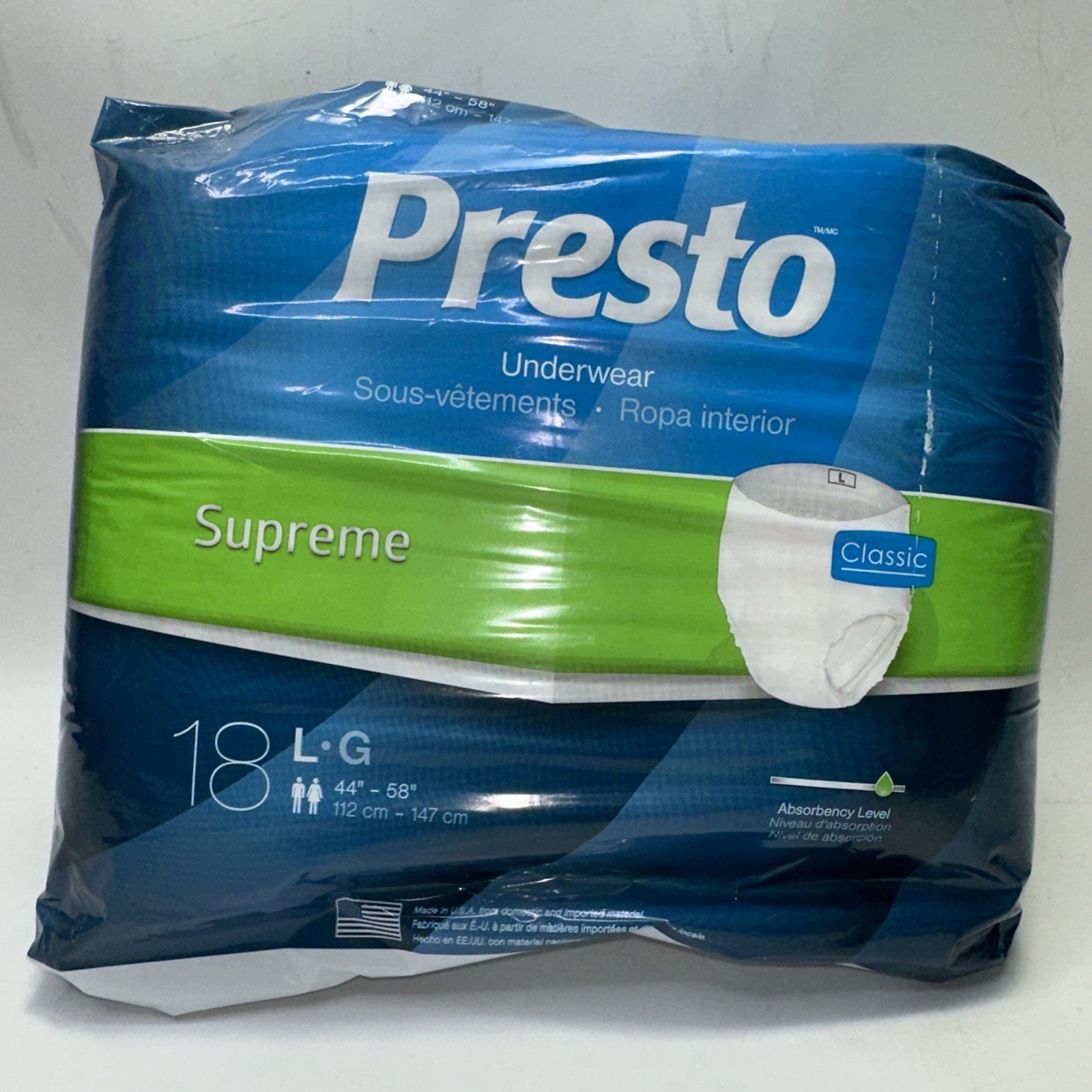 New Presto Supreme Classic Protective Underwear Large 1 Pack of 18