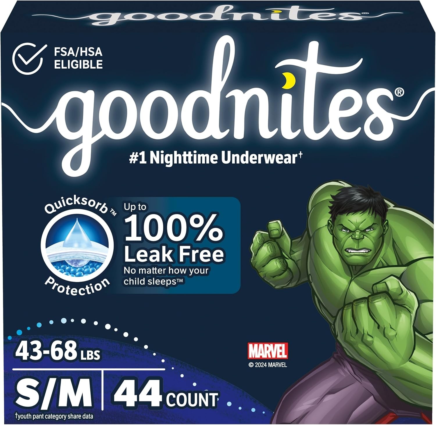 44 CT Goodnites Boys’ Nighttime Bedwetting Underwear Size S/M (43-68 lbs)/2 pack