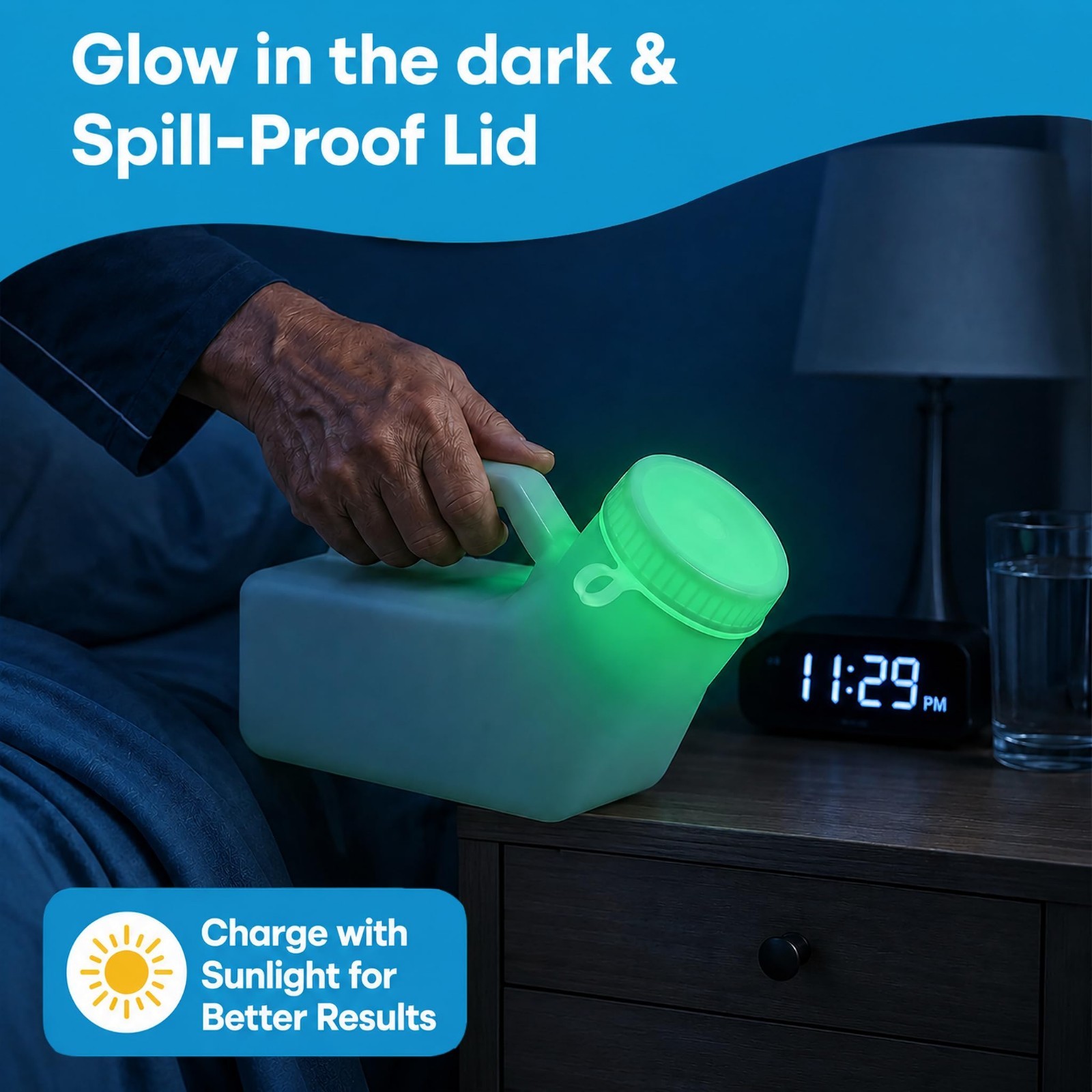 Glow in The Dark Urinals for Men – 3 Pack, 32oz Spill Proof Bedpan Bottles