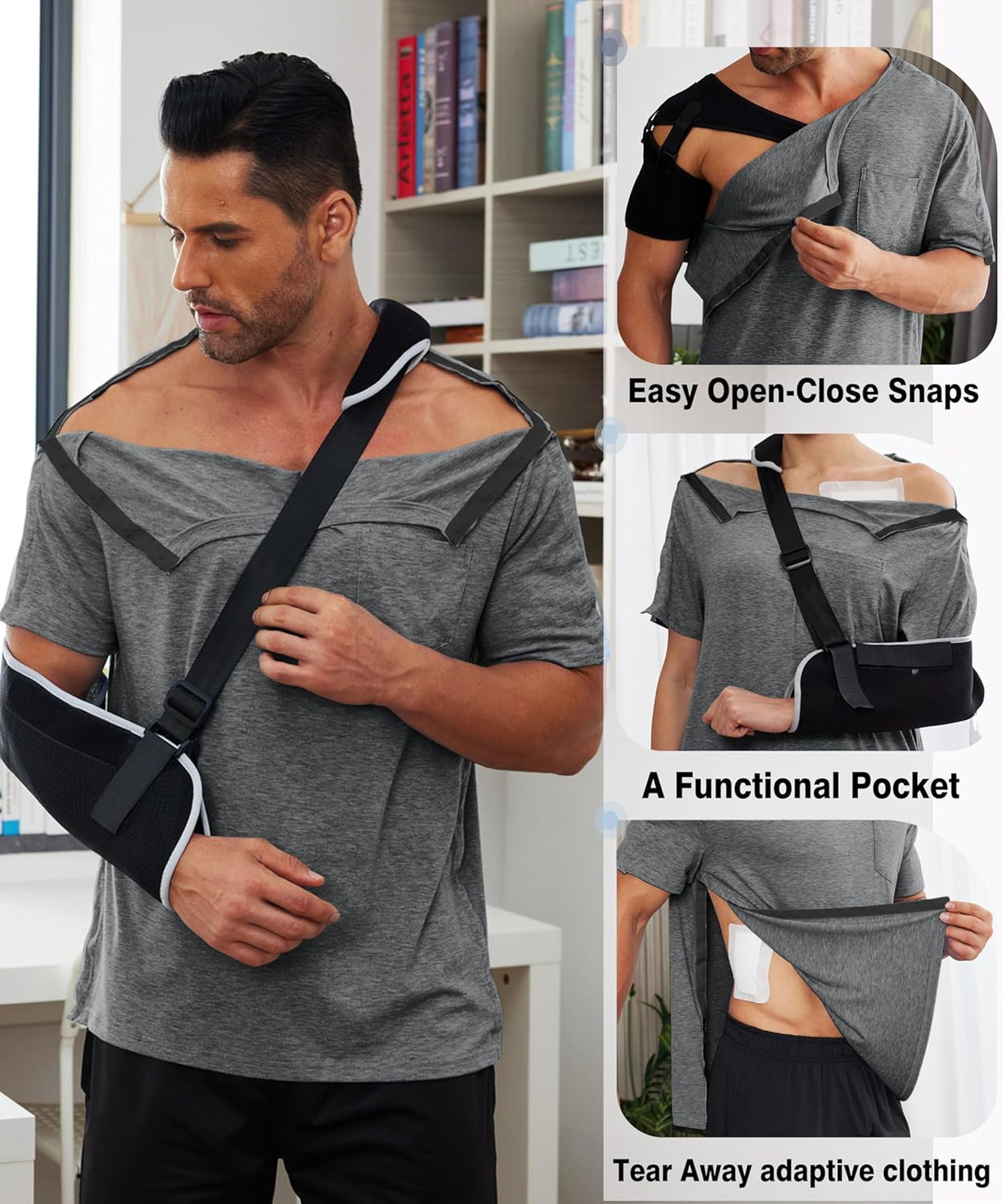 Men’s Post Shoulder Surgery Shirt Breathable Fabric Recovery Open Side Snap