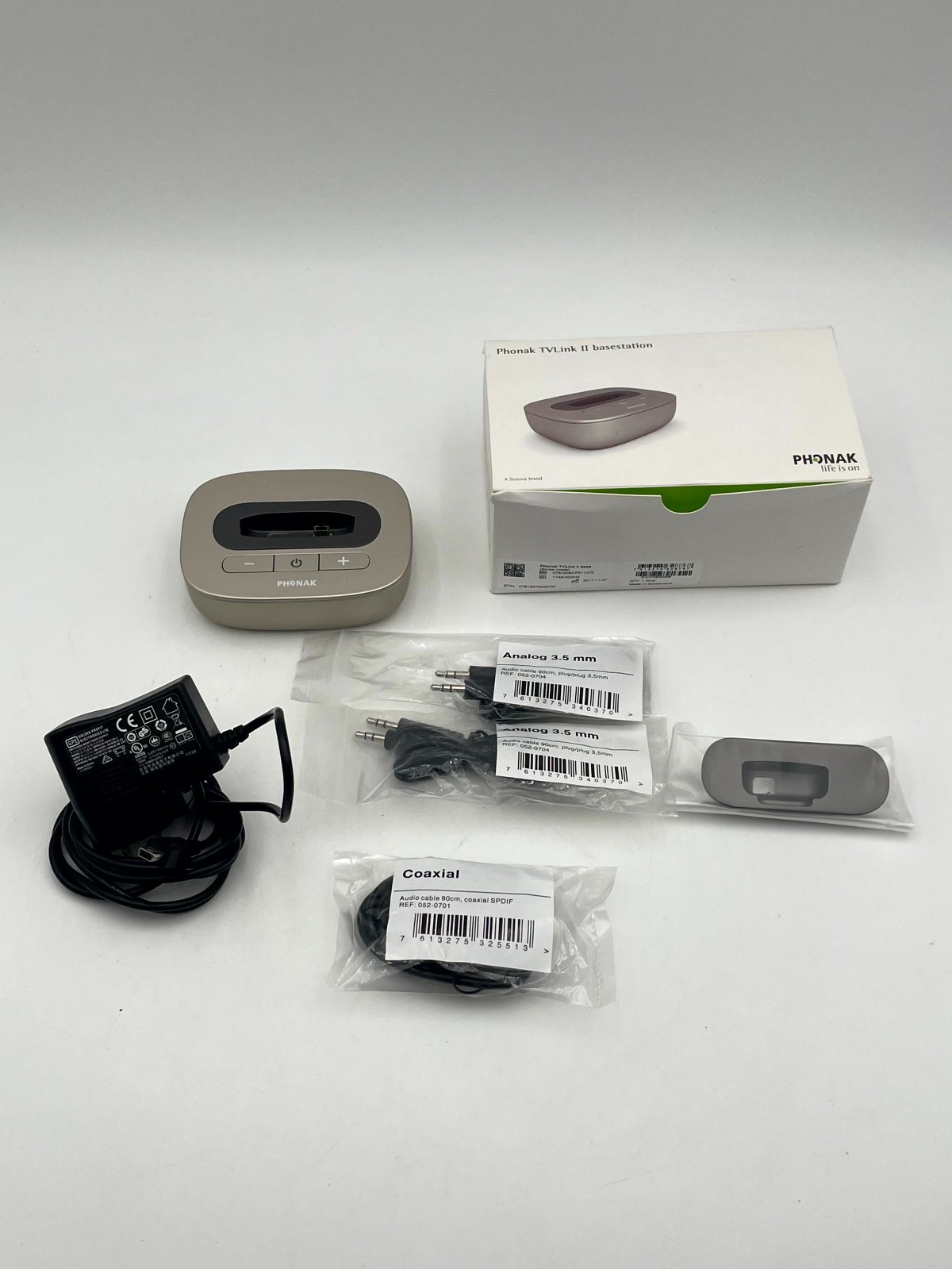 Phonak TVLink II Base Station Gold with Power Adapter Coaxial Cable Analog 3.5mm
