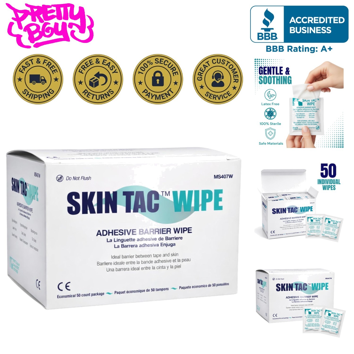 50 Count Skin-Tac Adhesive Wipes – Clear, Latex-Free Solution for Sensitive Skin
