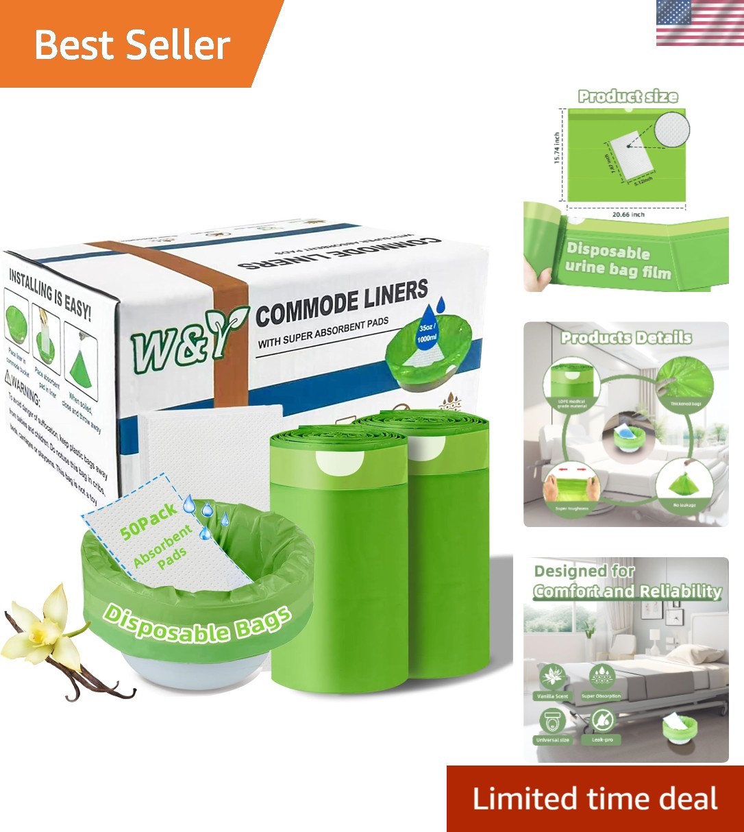Disposable Commode Liners with Pads – 50 Scented Bags for Adult Potty Chair