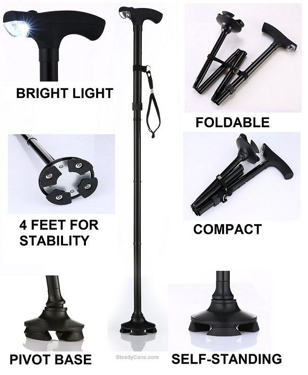 Hurry Up – Self Standing Stand-Up Cane with Light – Foldable – Adjustable