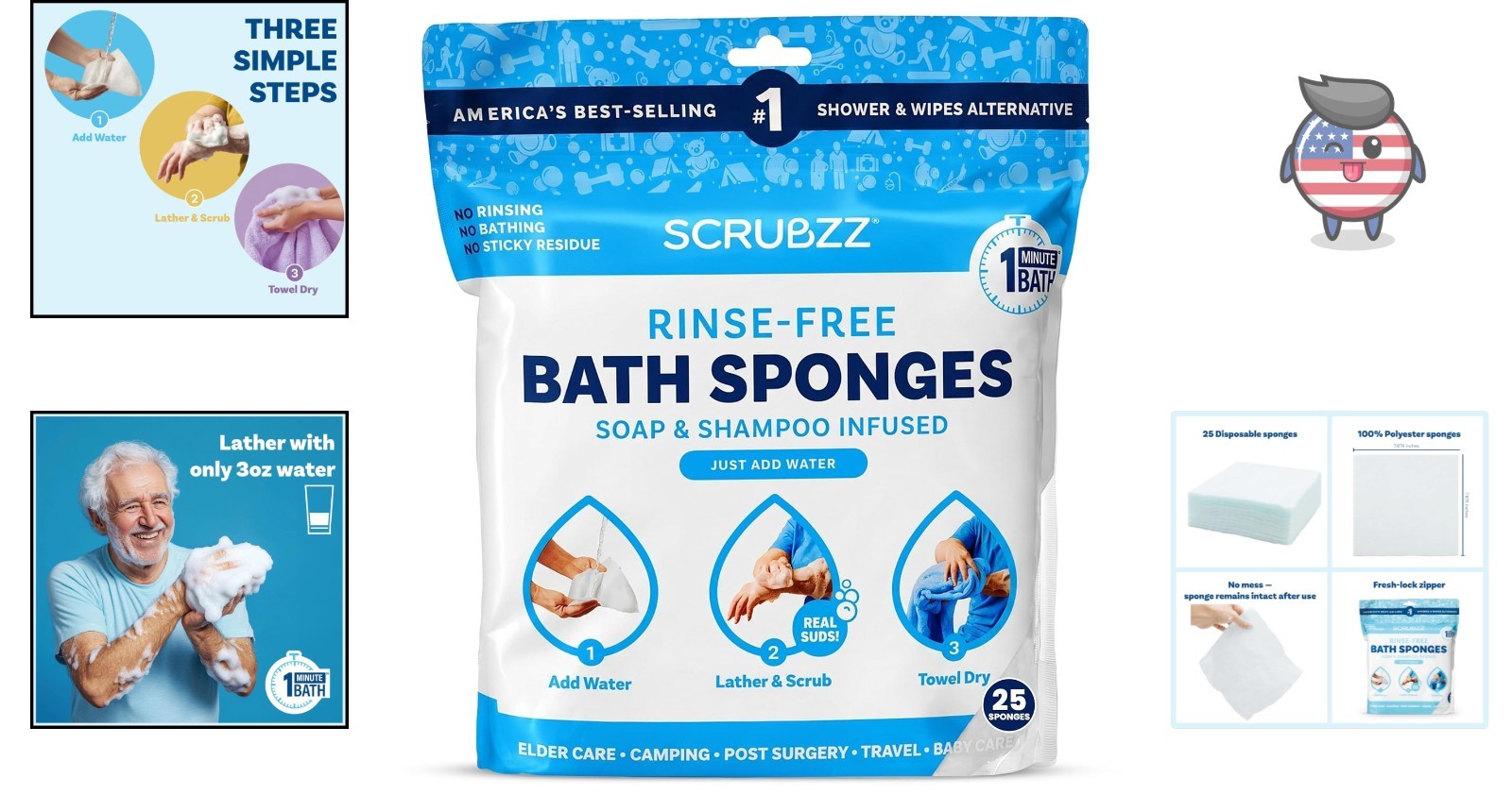 25 Pack Rinse-Free Bathing Wipes – Water-Activated for Convenient Cleansing