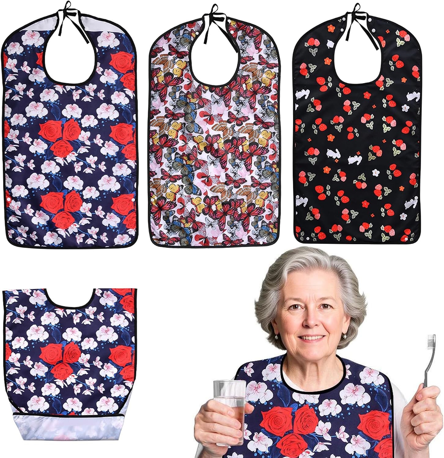 Oulisen 3 Pcs Adult Bibs For Men Washable, Reusable Adult, Black/Red/Blue