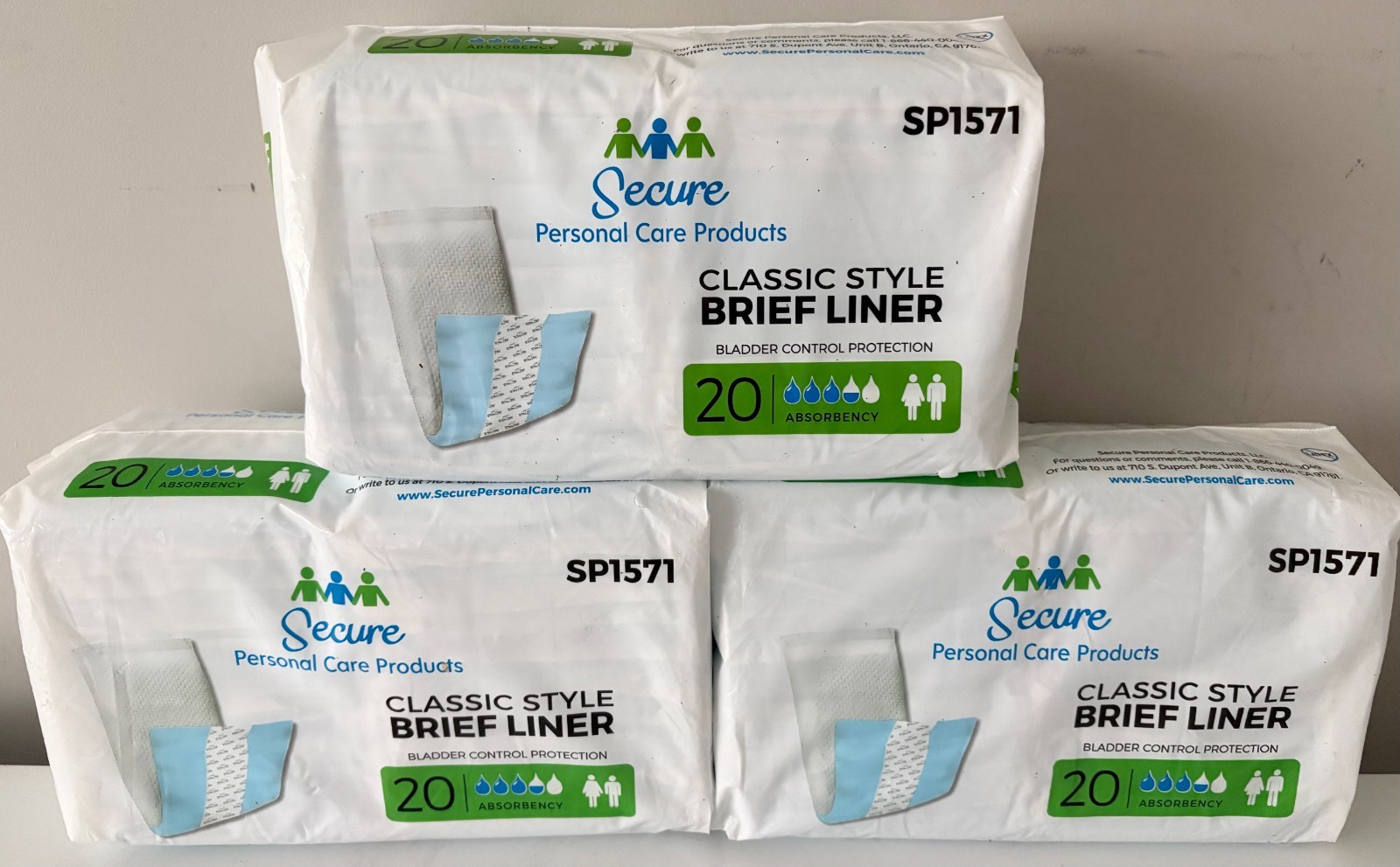 Secure BRIEF LINER – 3 Pack of 20 Ct each – 13 Inch Pad Length – Classic Style