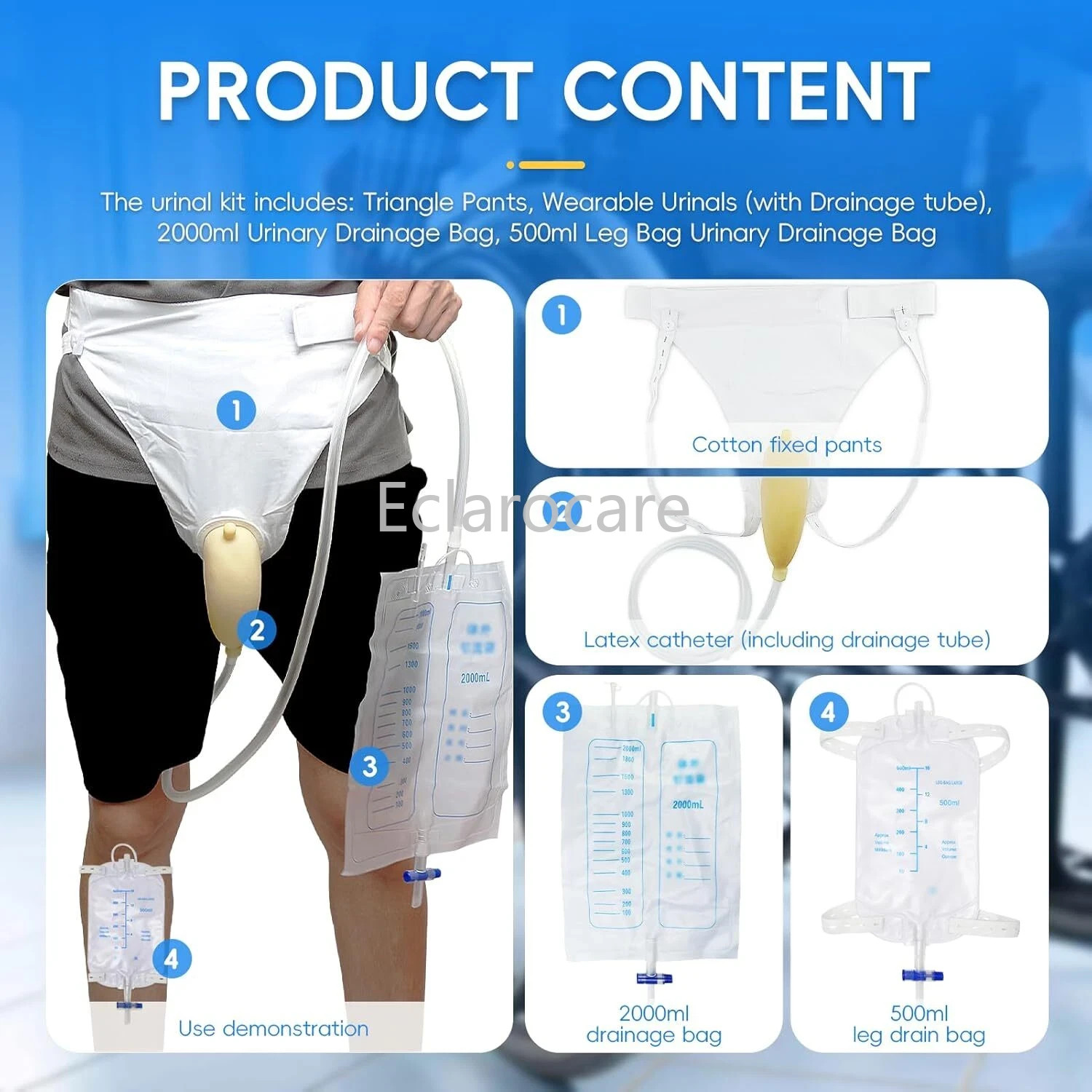 2000ml 1000ml 500ml Men Wearable Urinal Reusable Protable Silicone Urine Leg Bag
