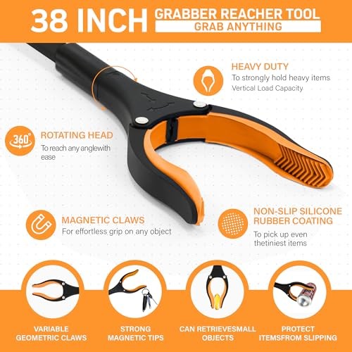 38″ Extra Long Grabber Reacher Tool – 2 Pack Extra Long Foldable Orange Blue
