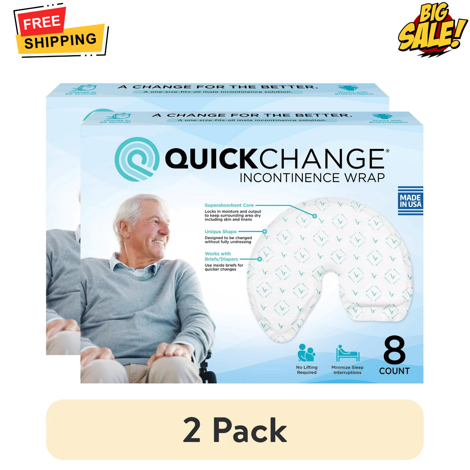 2 Pack QuickChange Male Incontinence Wrap Maximum Absorbency 8 Count