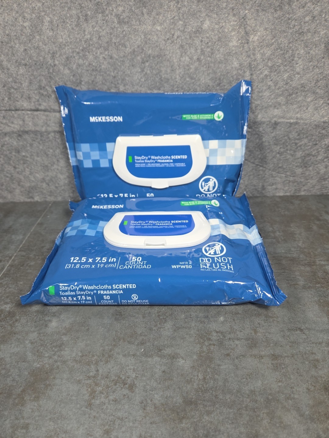 McKESSON StayDry WASHCLOTHS SCENTED with ALOE Vitamin E (2) 50 count Wipes
