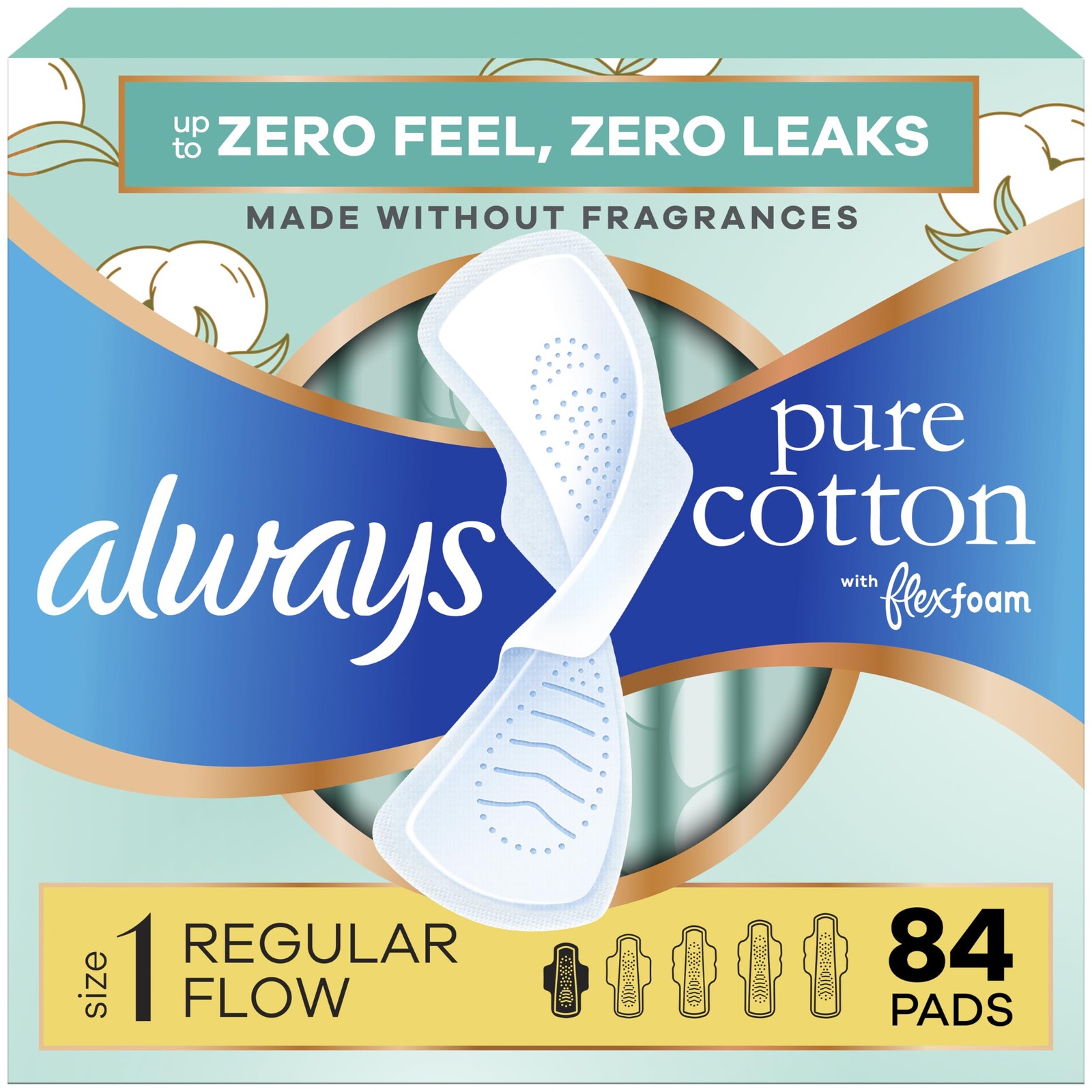 Always Pure Cotton Feminine Pads for Women, FlexFoam Regular (Size 1)