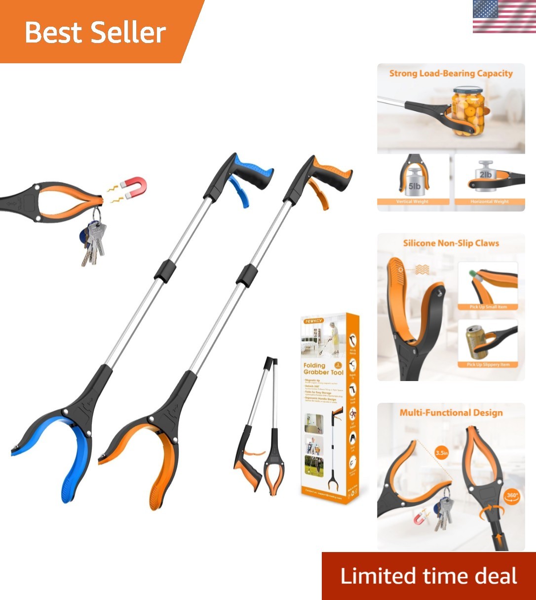 32″ Grabber Reacher Tool, 2-Pack Foldable Reacher Grabber Pickup Tool with 36…