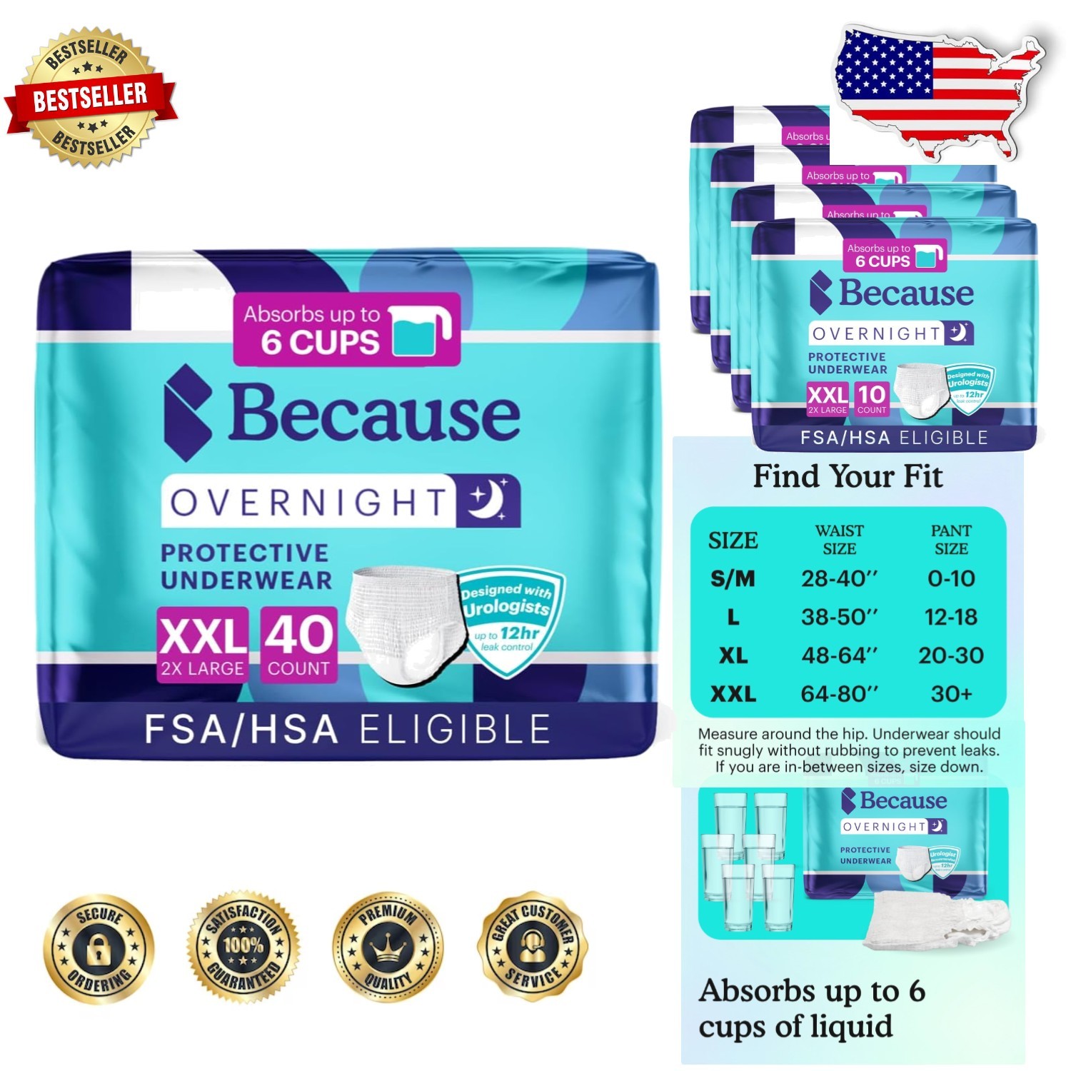 Overnight Incontinence Underwear XXLarge 40ct – 12Hr OdorLock, Leak-Proof