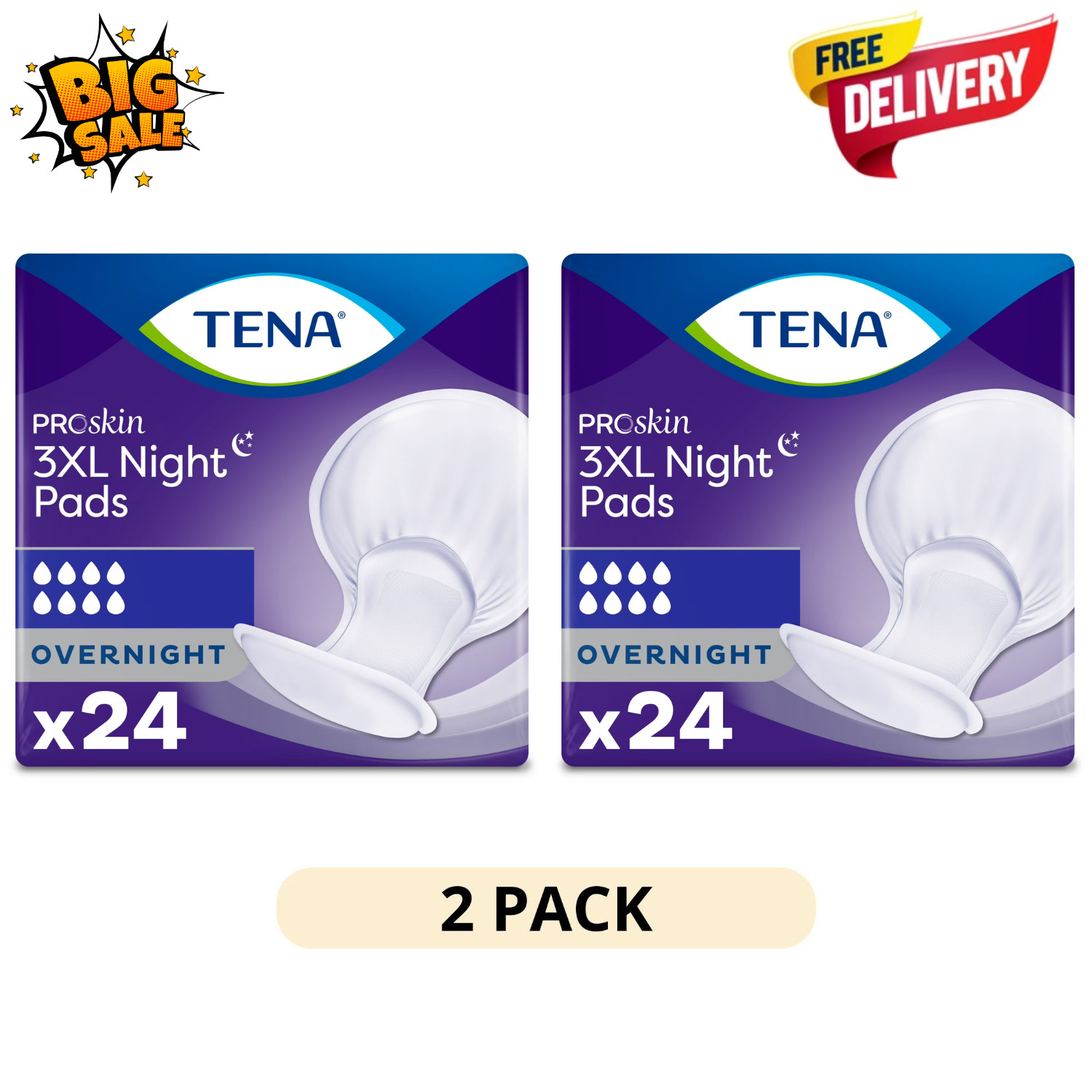 2 Pack Tena ProSkin 3XL Incontinence Pads 24Ct Overnight Absorbency Unisex Care
